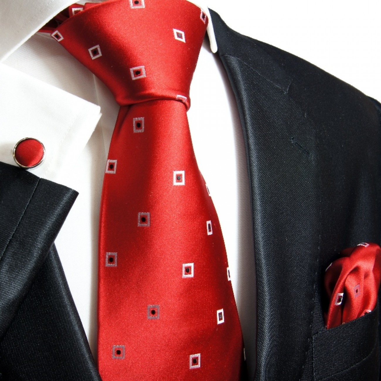 Red mens tie polka dots necktie - silk tie and pocket square and cufflinks