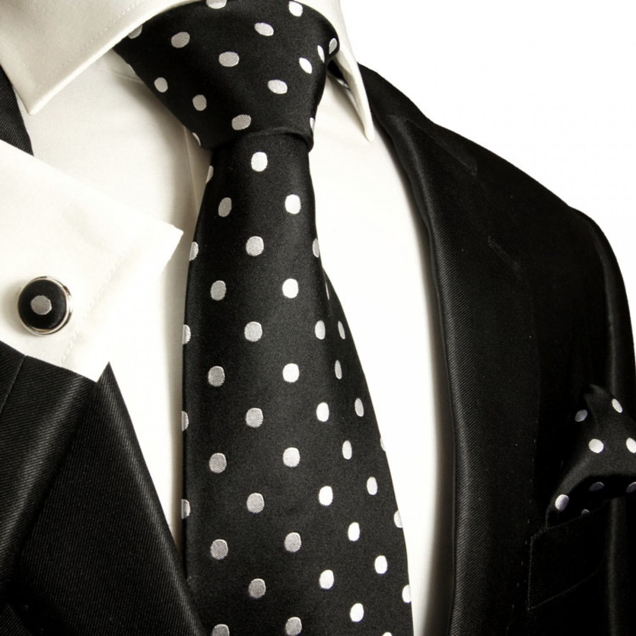 Krawatte schwarz silber gepunktet Seidenkrawatte - Seide - Krawatte mit Einstecktuch und Manschettenknöpfe