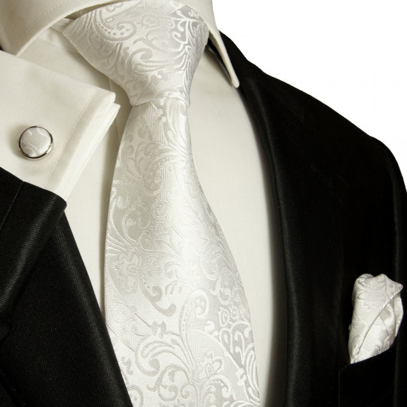 Krawatte weiß barock Seidenkrawatte - Seide - Krawatte mit Einstecktuch und Manschettenknöpfe