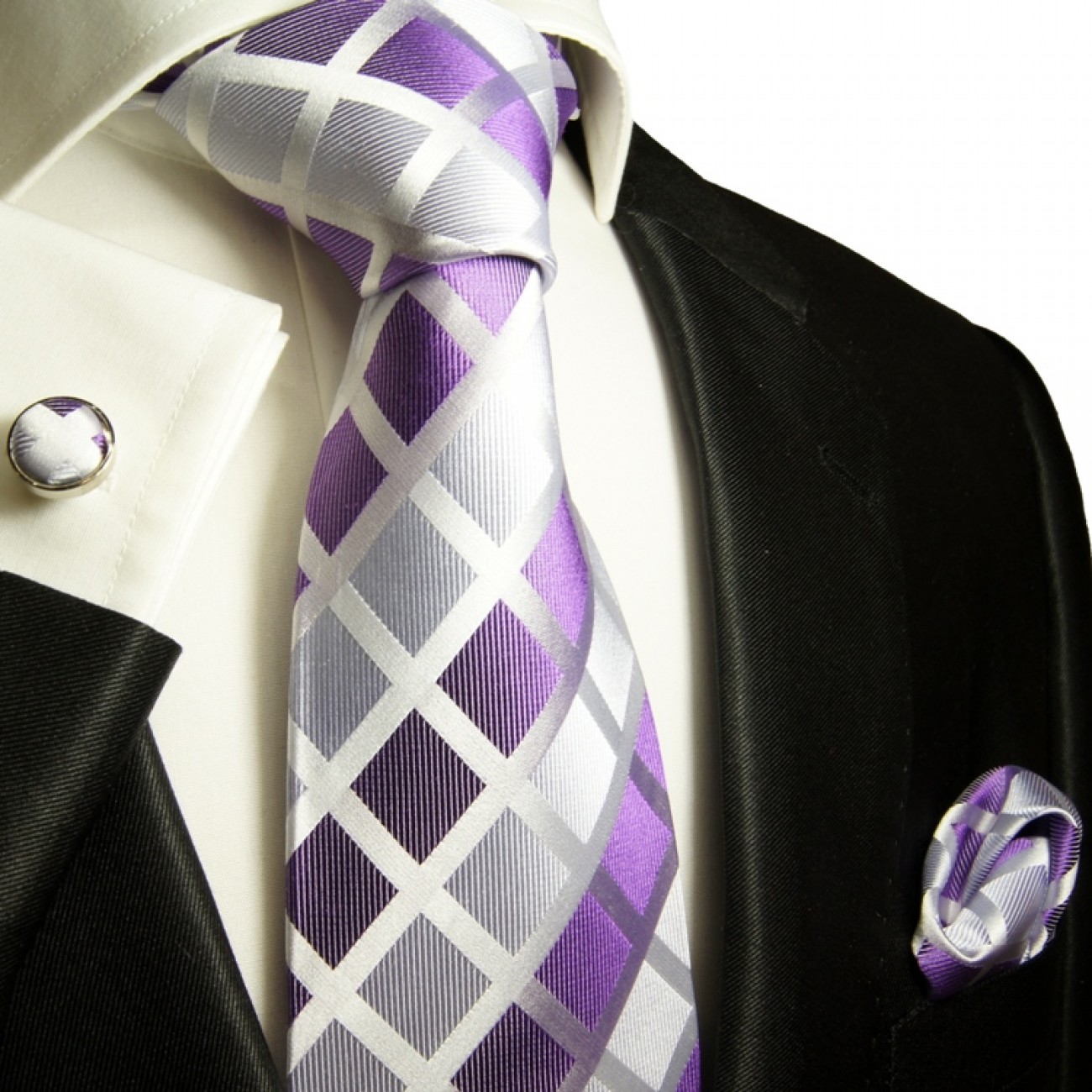 Krawatte lila kariert Seidenkrawatte - Seide - Krawatte mit Einstecktuch und Manschettenknöpfe