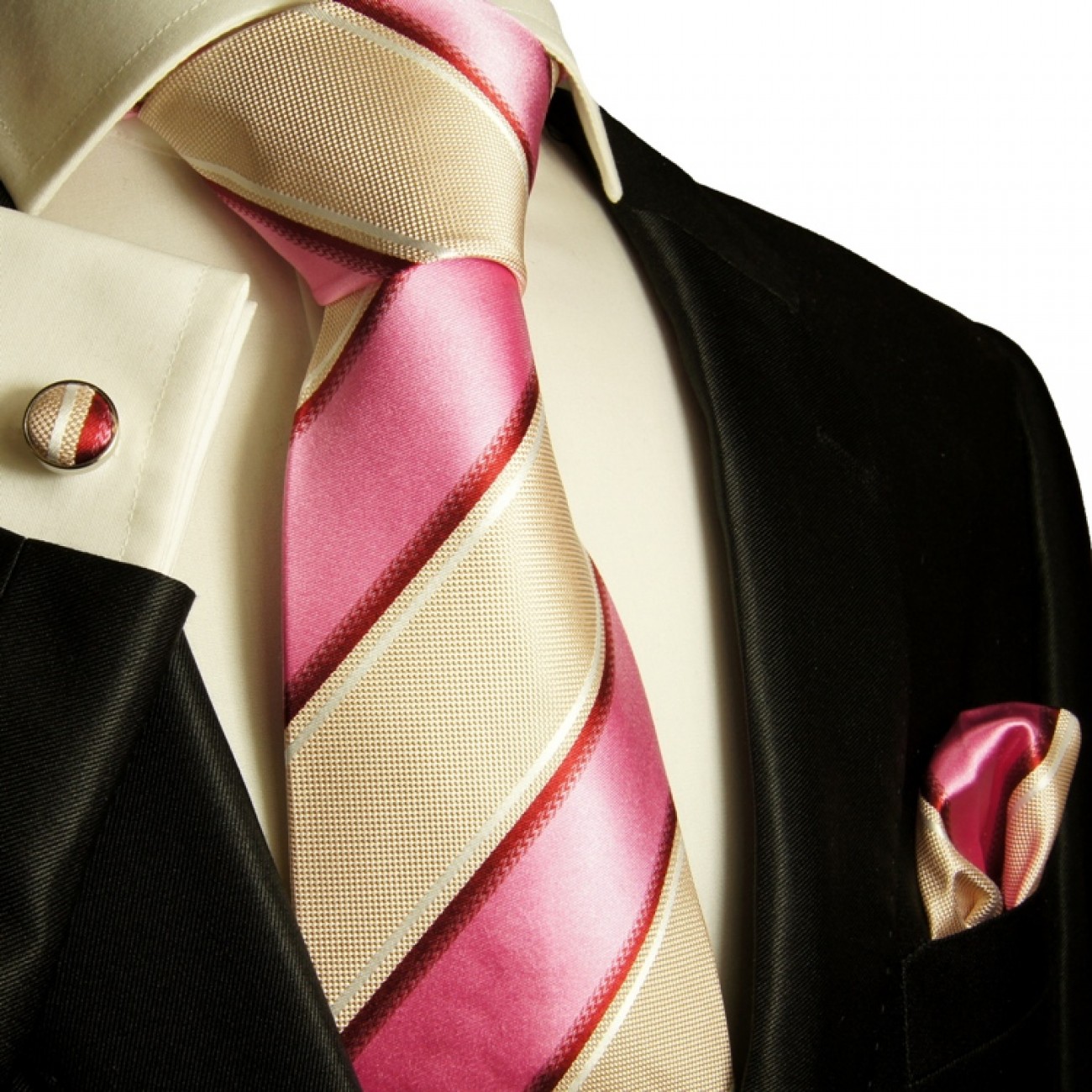 Krawatte beige pink gestreift Seidenkrawatte - Seide - Krawatte mit Einstecktuch und Manschettenknöpfe