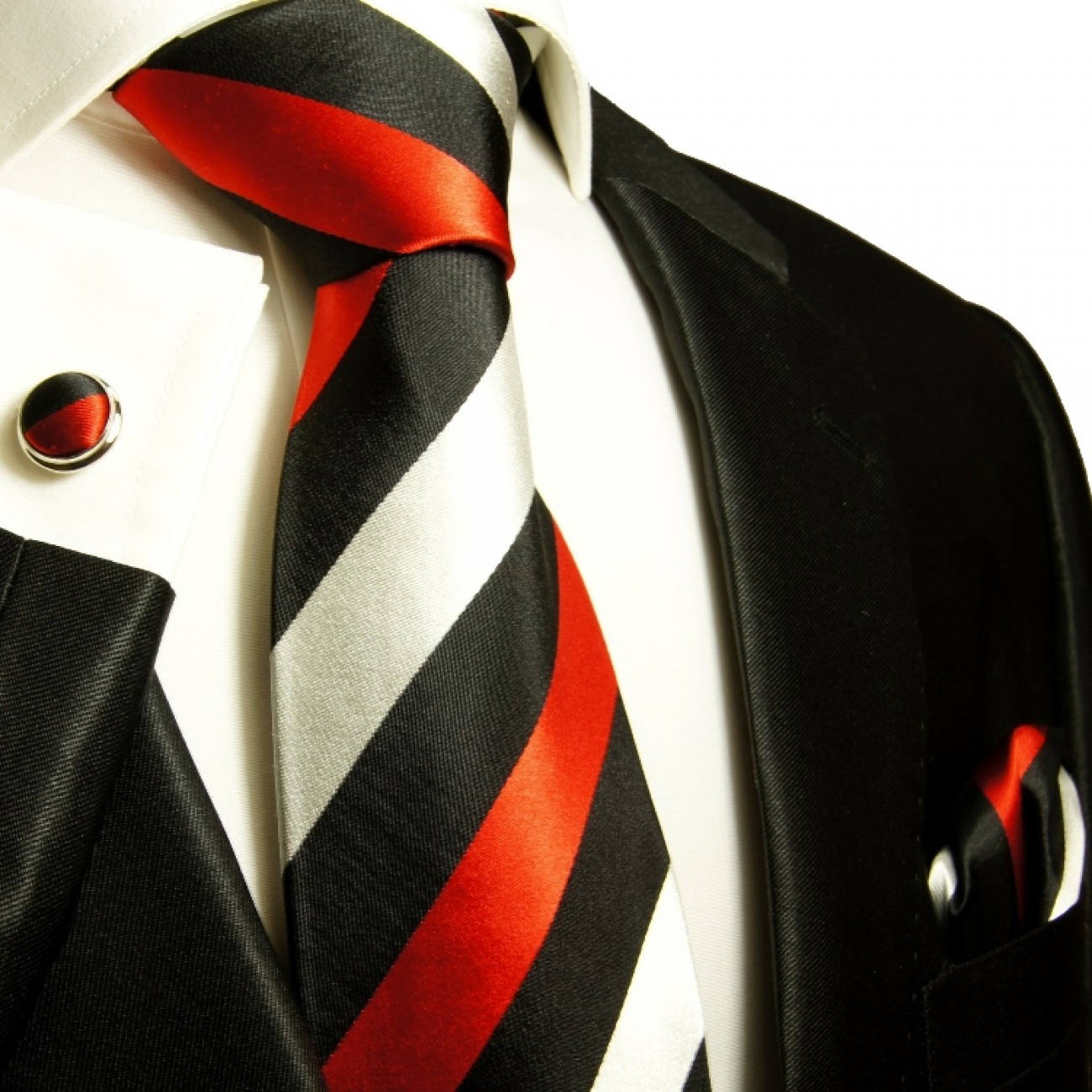 Krawatte silber rot schwarz gestreift Seidenkrawatte - Seide - Krawatte mit Einstecktuch und Manschettenknöpfe