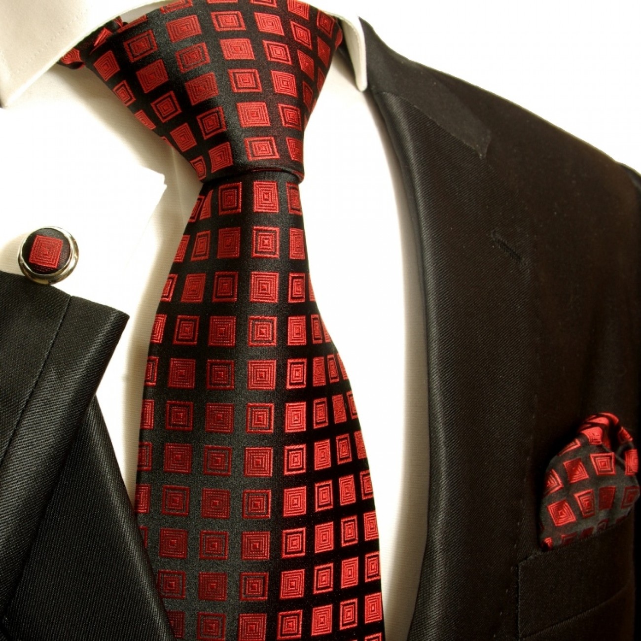 Krawatte rot kariert Seidenkrawatte - Seide - Krawatte mit Einstecktuch und Manschettenknöpfe