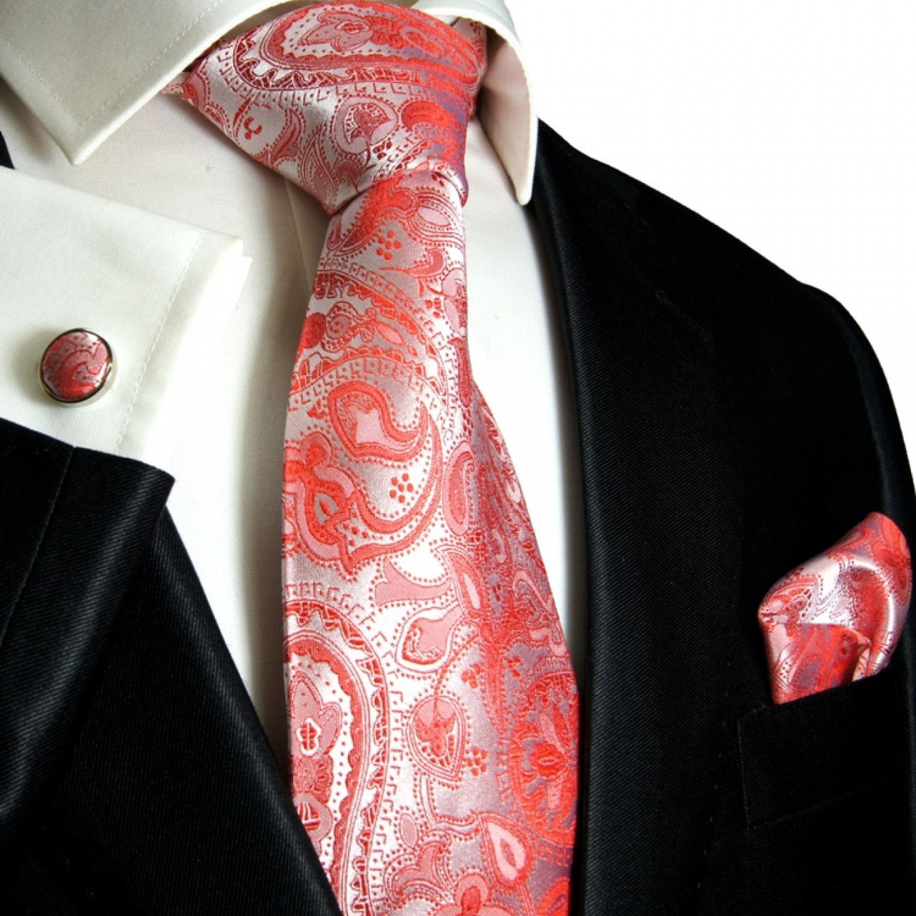 red mens tie paisley necktie - silk tie and pocket square and cufflinks