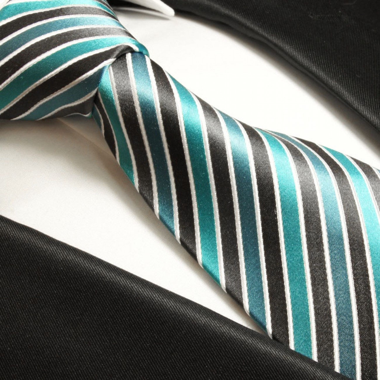 Krawatte türkis grau gestreift Seidenkrawatte - Seide - Krawatte mit Einstecktuch und Manschettenknöpfe