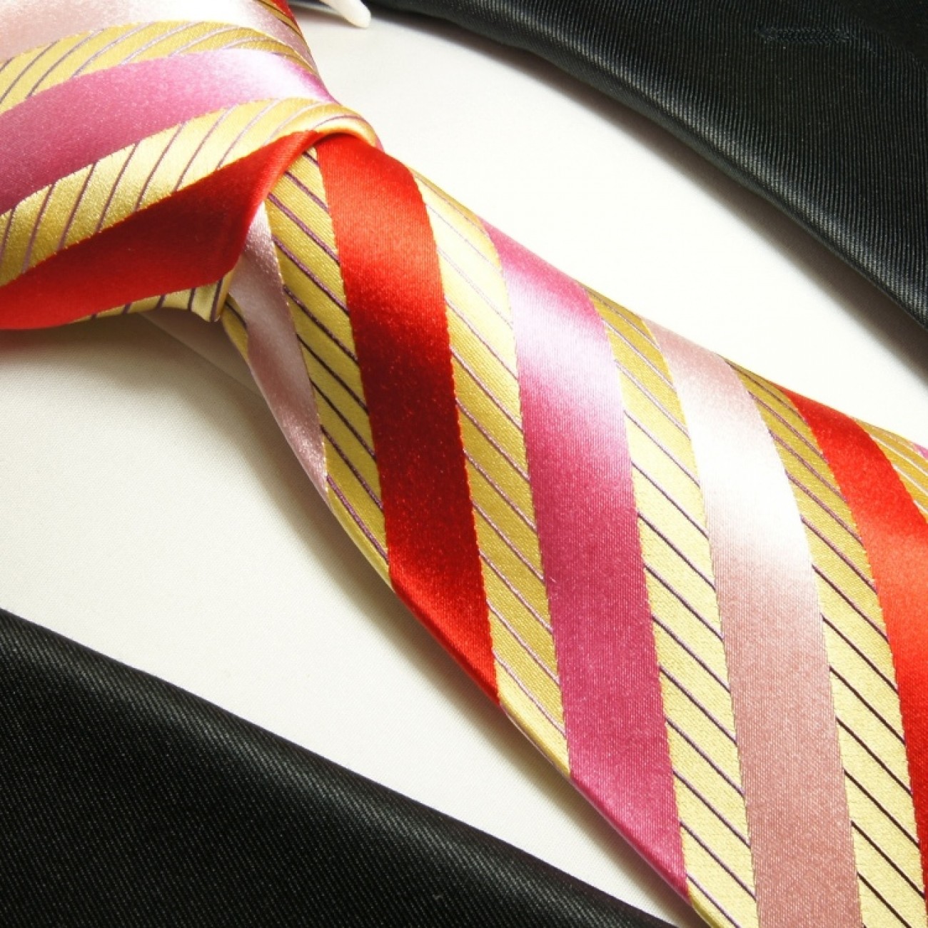 Krawatte gold rot pink gestreift Seidenkrawatte - Seide - Krawatte mit Einstecktuch und Manschettenknöpfe