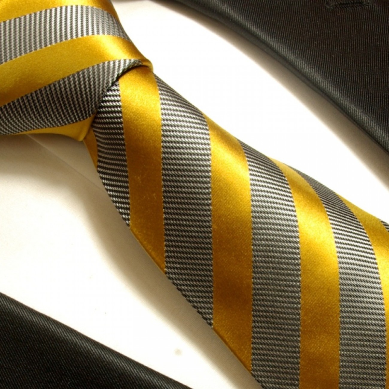 gold gray mens tie striped necktie - silk tie and pocket square and cufflinks