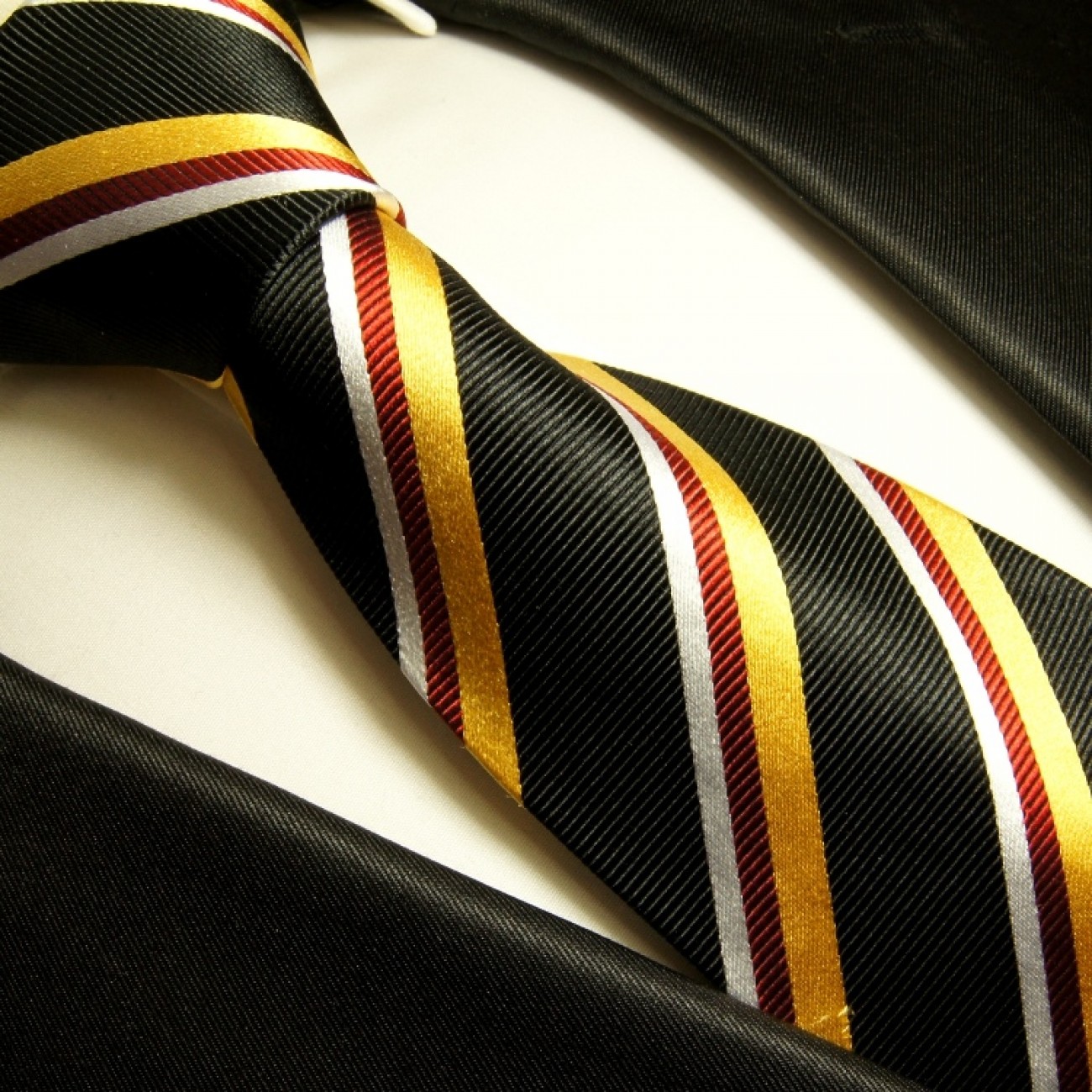 Krawatte gold rot schwarz gestreift Seidenkrawatte - Seide - Krawatte mit Einstecktuch und Manschettenknöpfe
