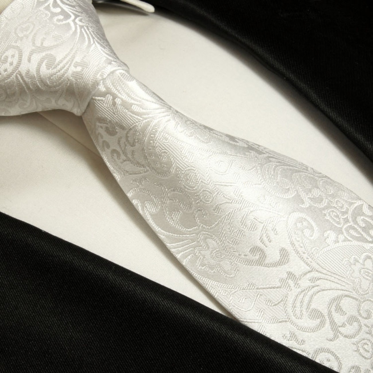 Krawatte weiß barock Seidenkrawatte - Seide - Krawatte mit Einstecktuch und Manschettenknöpfe