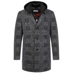 Men's slim coat modern dark grey black checkered - winter wool coat with Hood