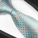 Turquoise silver mens tie 100% silk necktie checkered 2059